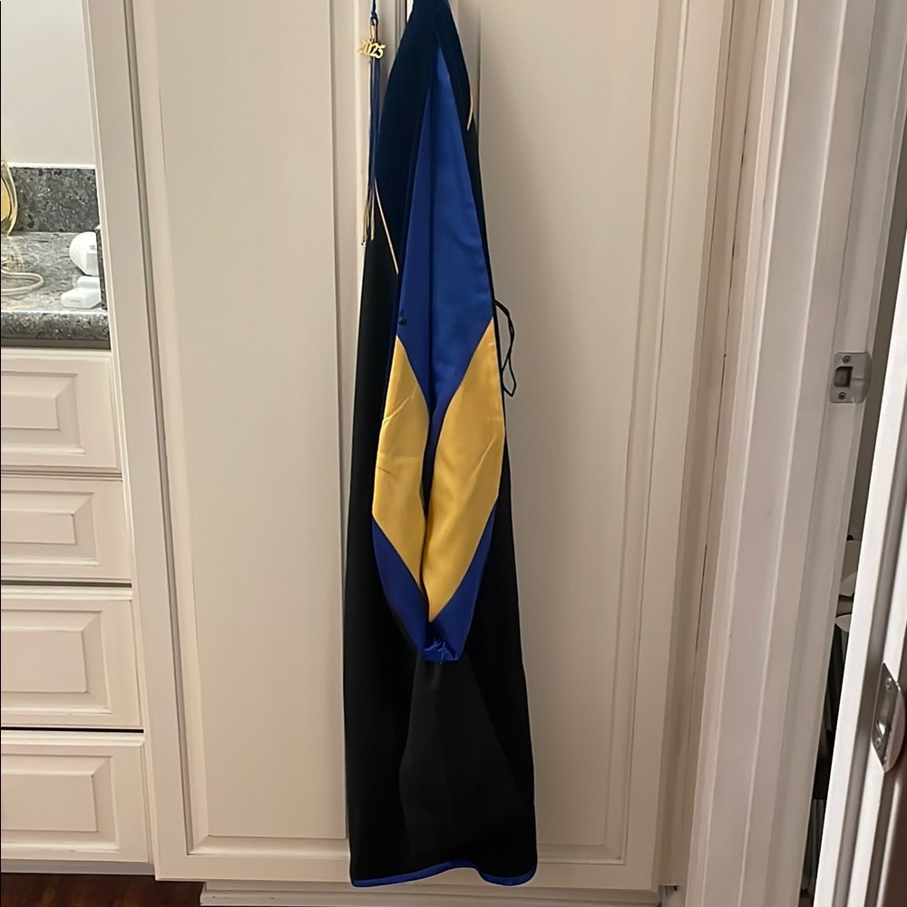 PHD Grad school hooding and tassel -blue and  yellow